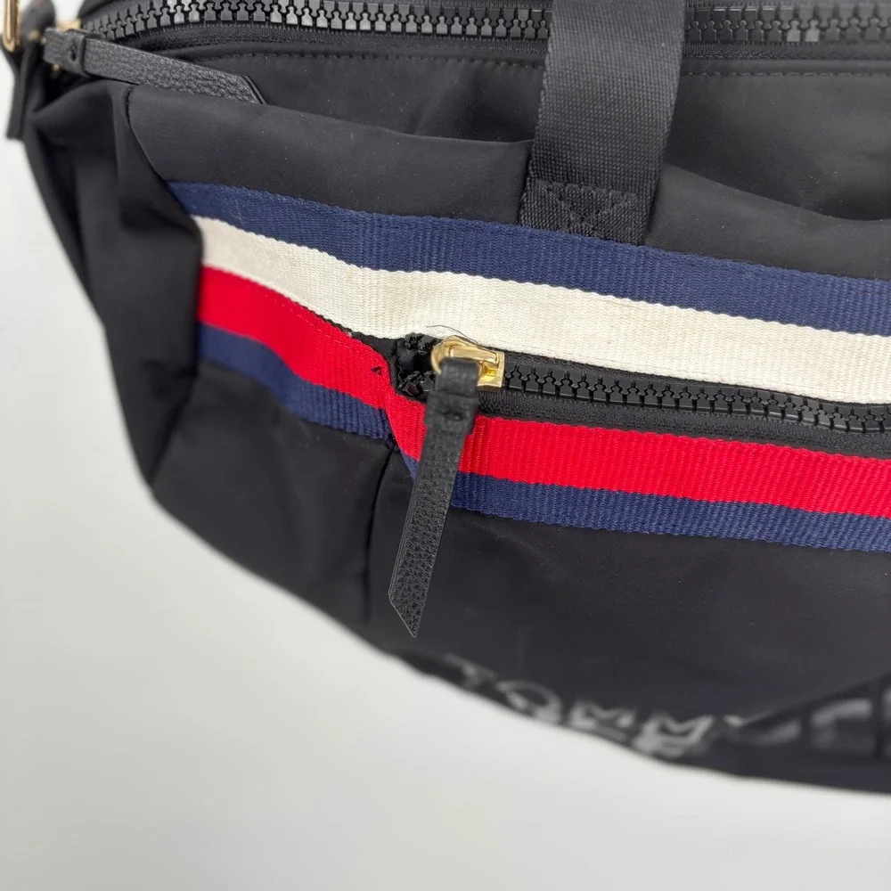 Tommy Hilfiger Black Nylon Messenger Crossbody Bag‎ Red White Blue Stripe Logo